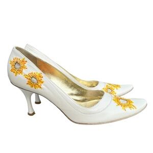 Fabi heels size 8 leather embroidered sunflowers‎ ivory yellow made in It…